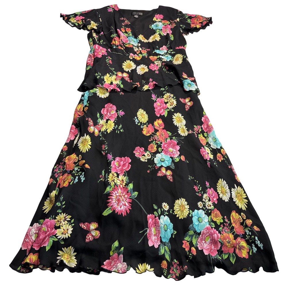Y2K 100% Silk Whimsical Fairy Cottagecore Maxi Dress Floral Butterfly Women 14